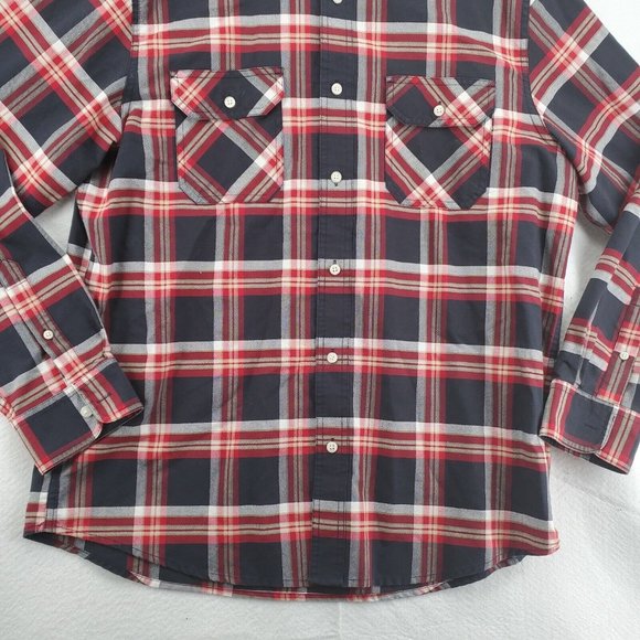 Chaps Men's Long Sleeve Casual Button Up Plaid Fitted Chest Pockets Red Large - Picture 4 of 12